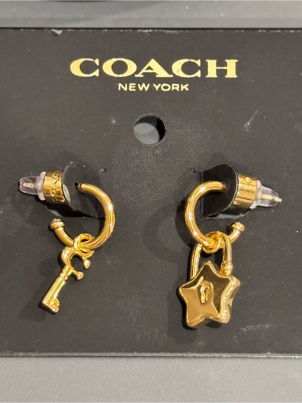 NWT Coach Gold Key & Star Lock Mismatched Mini Hoop Huggie Earrings